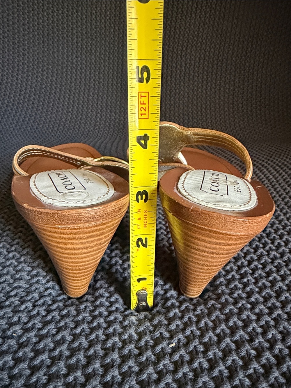 Coach Gold Leather Thong Sandals with Blue Medallion - Picture 5 of 7